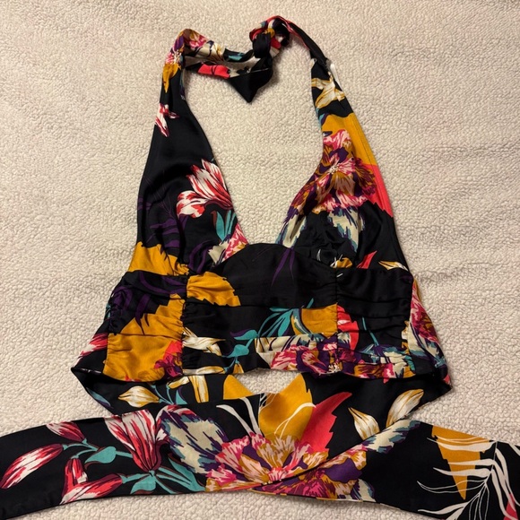 Free People Seraphina Floral Halter Top in Black Combo Multicolor Cropped Wrap - Picture 7 of 15